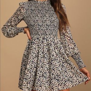 Lulu’s Floral Forever Navy Blue Floral Print Smocked Skater Dress